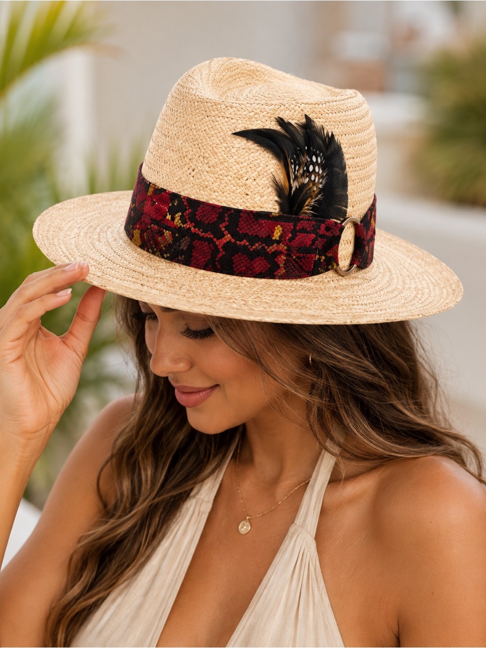 Wormser Panama Straw Hat 7 1/8 Red Band Feather Accent Fedora Resort Summer Boho